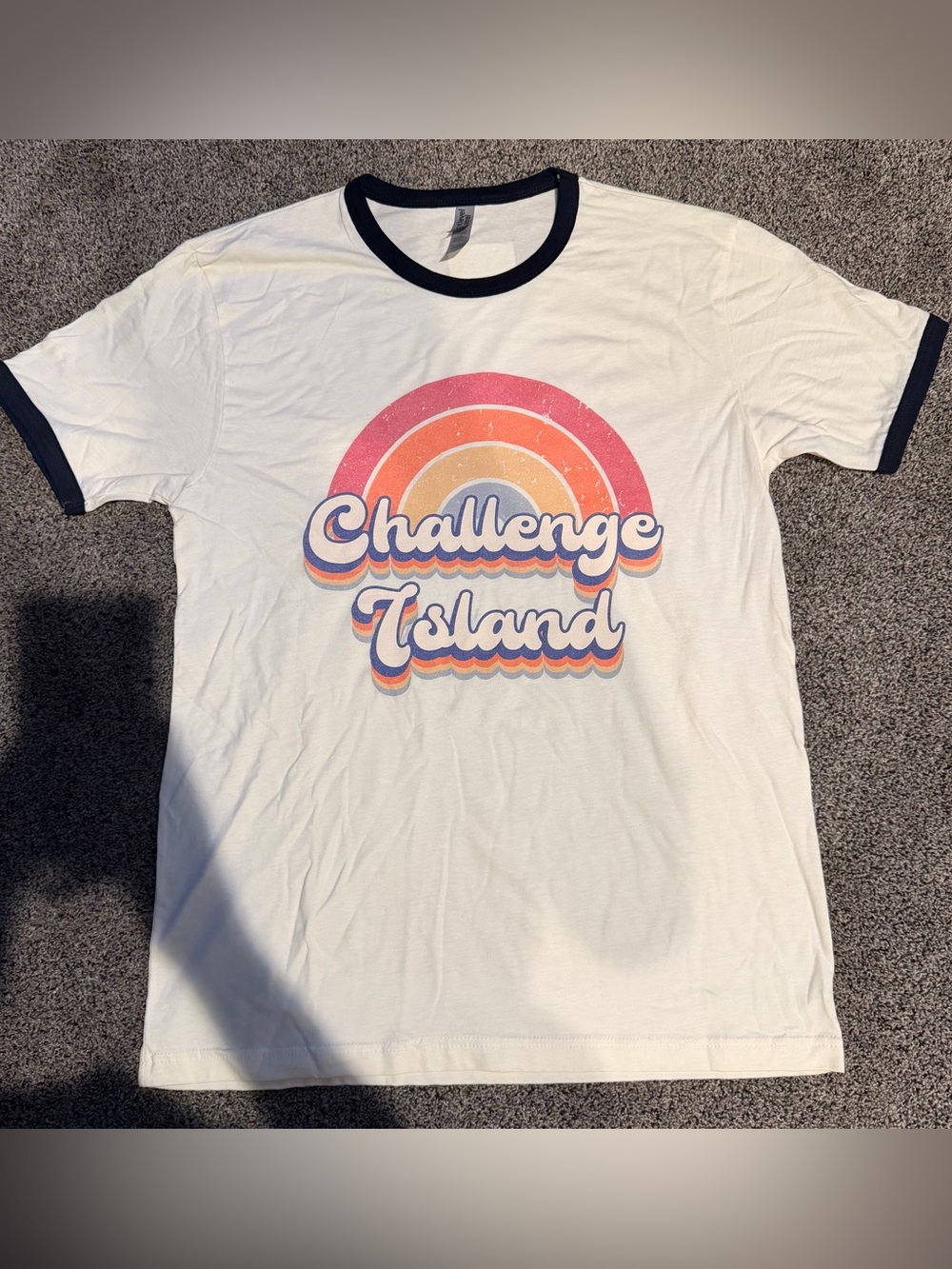 Challenge Island White Ringer Tee with Pink & Orange Retro Rainbow Graphic